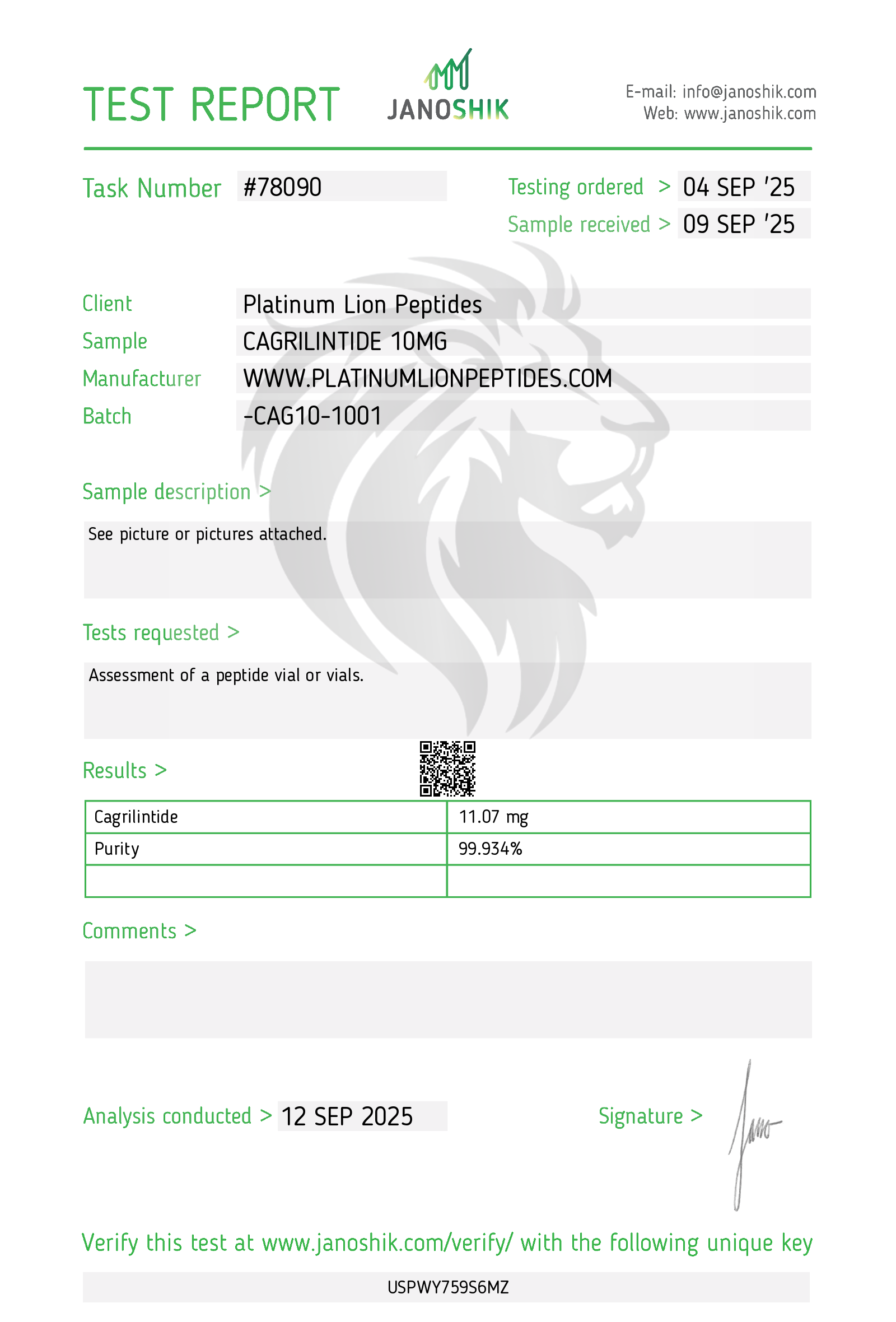 Cagrilintide (10mg) Certificate of Analysis from Platinum Lion