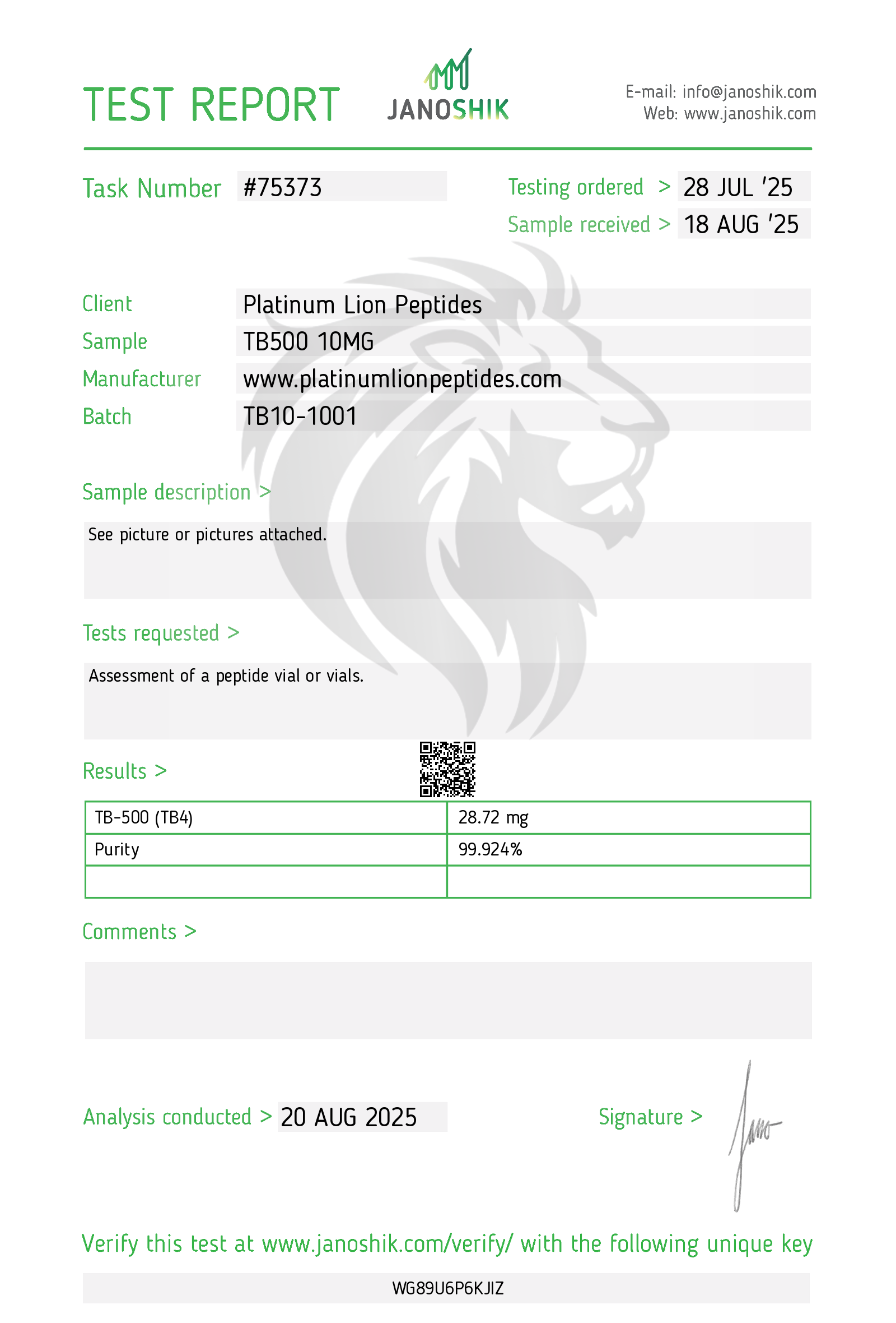 TB-500 (10mg) Certificate of Analysis from Platinum Lion
