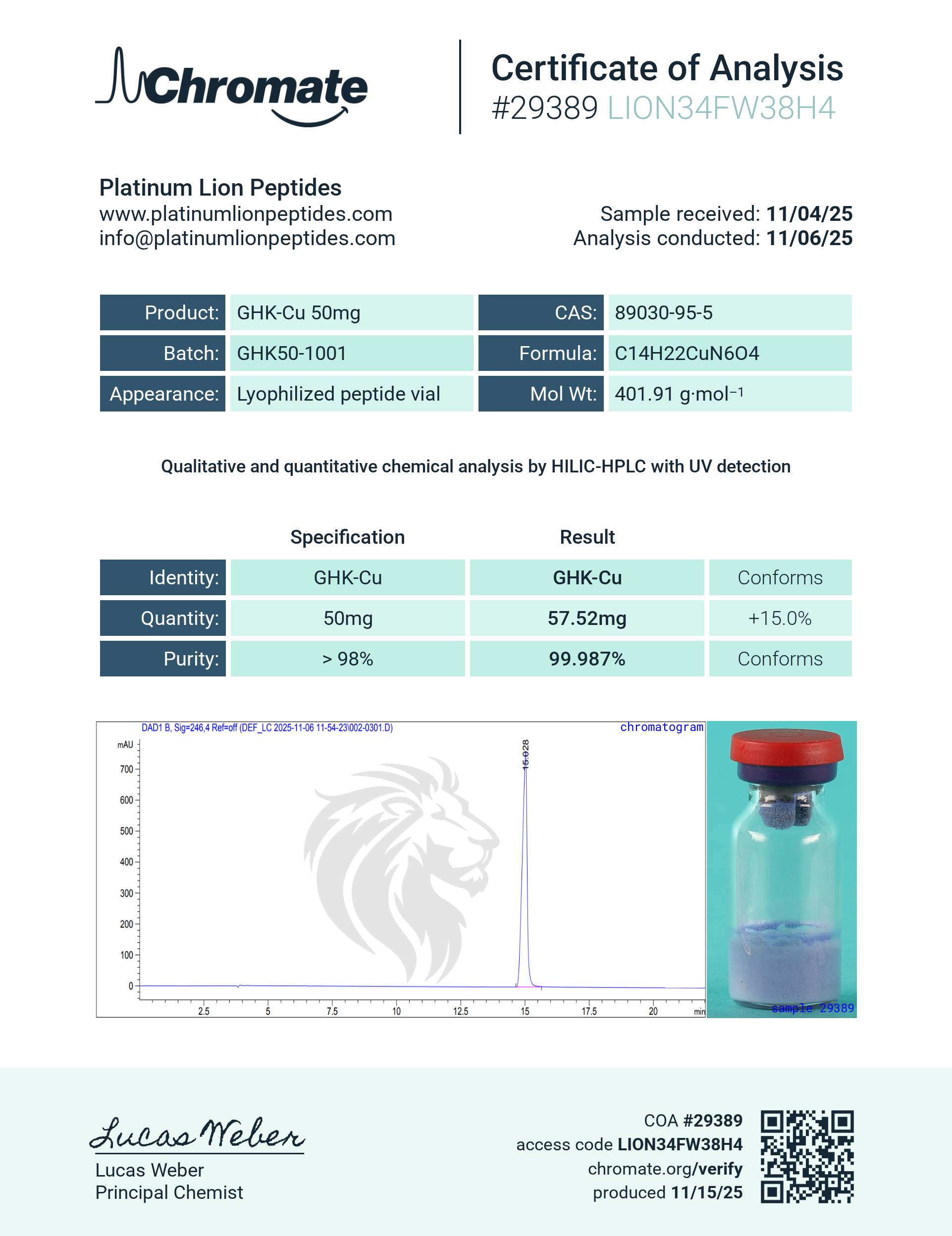 GHK-Cu (50mg) Certificate of Analysis from Platinum Lion