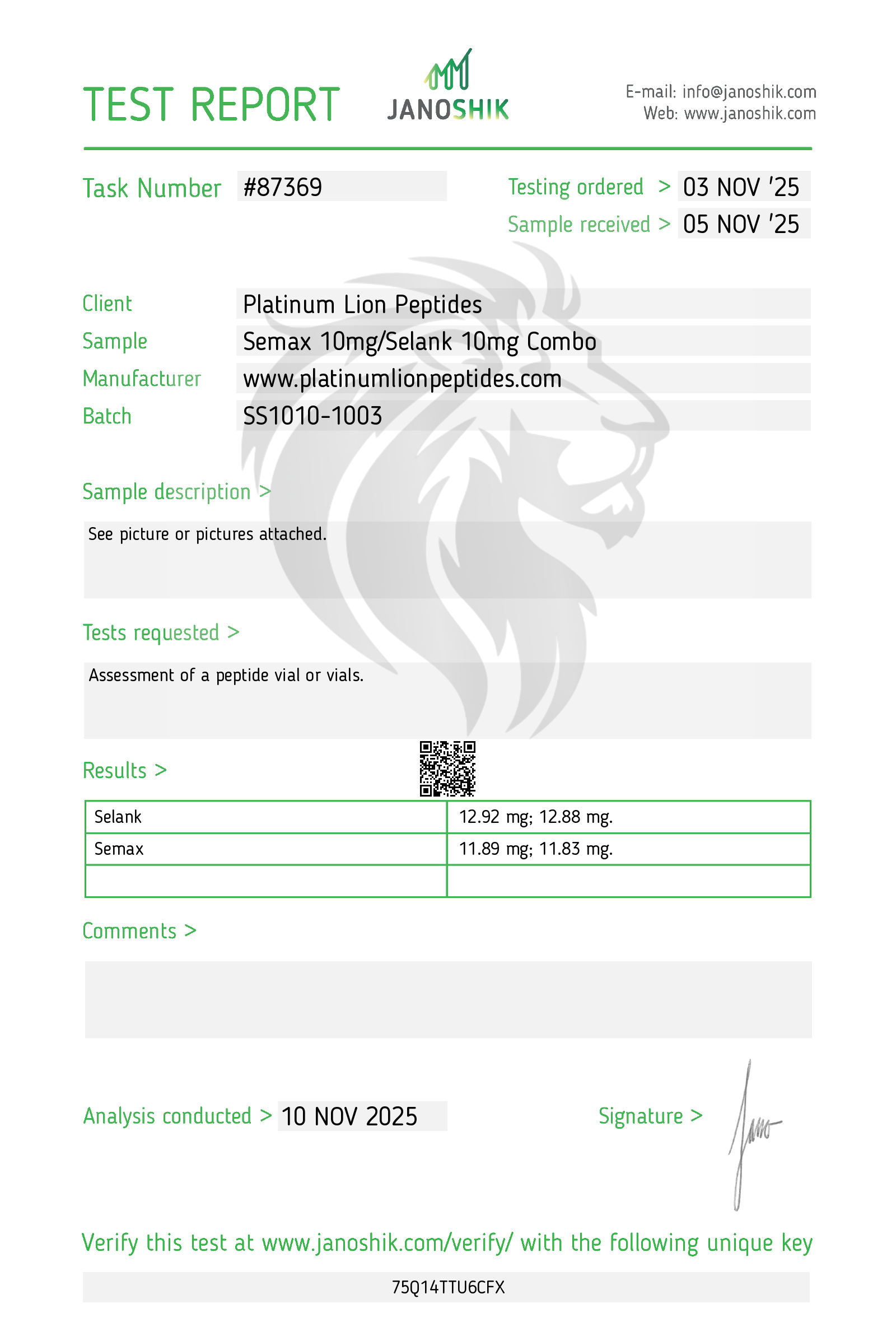 Selank/Semax (10/10mg) Certificate of Analysis from Platinum Lion