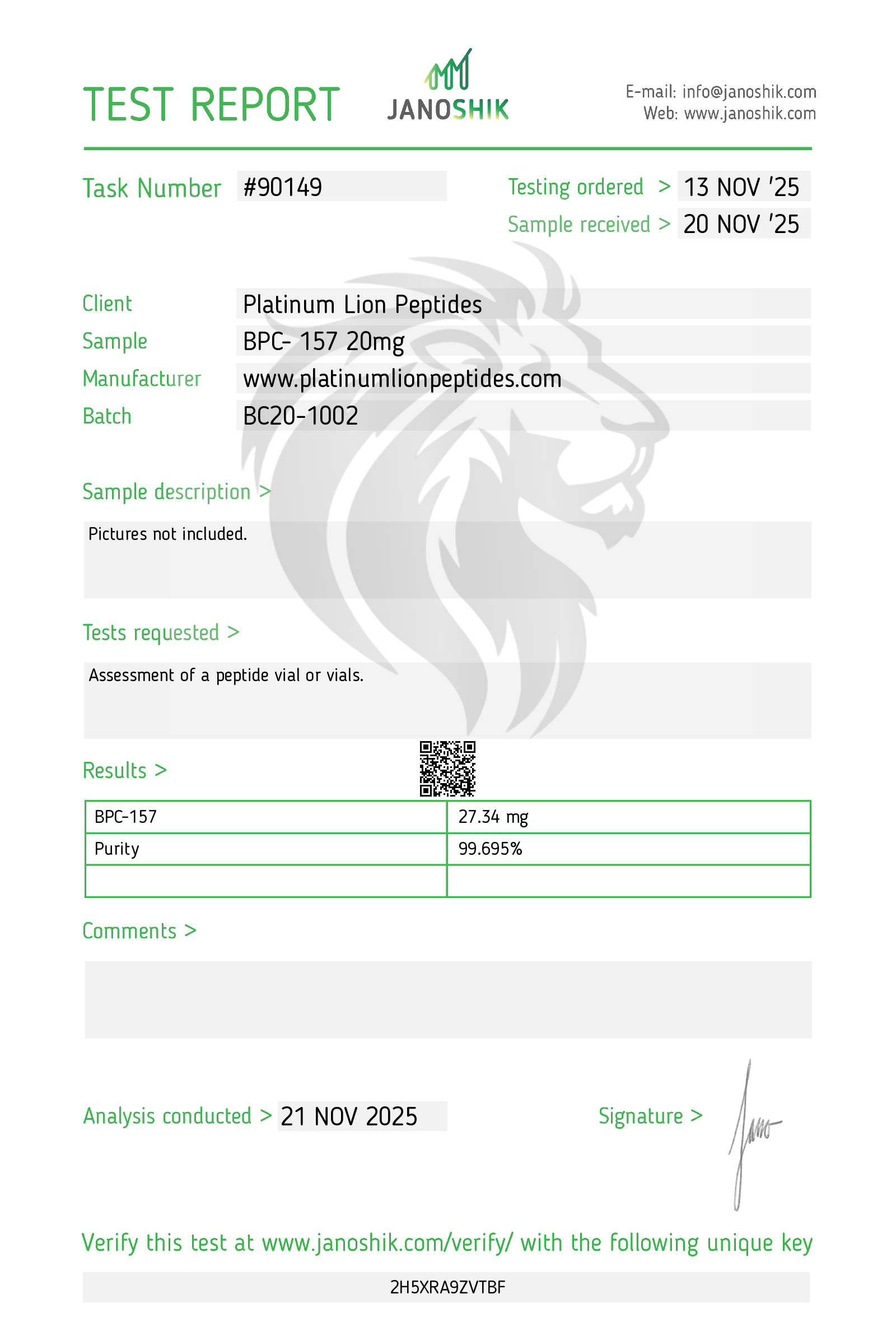 BPC-157 (20mg) Certificate of Analysis from Platinum Lion