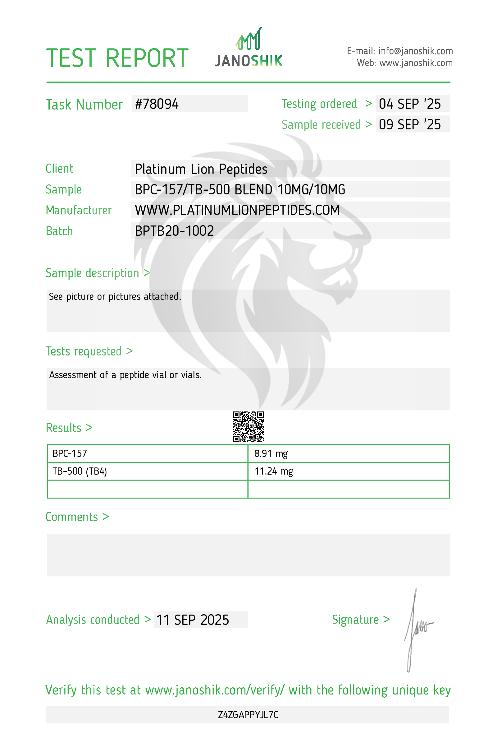 BPC-157/TB-500 (10/10mg) Certificate of Analysis from Platinum Lion