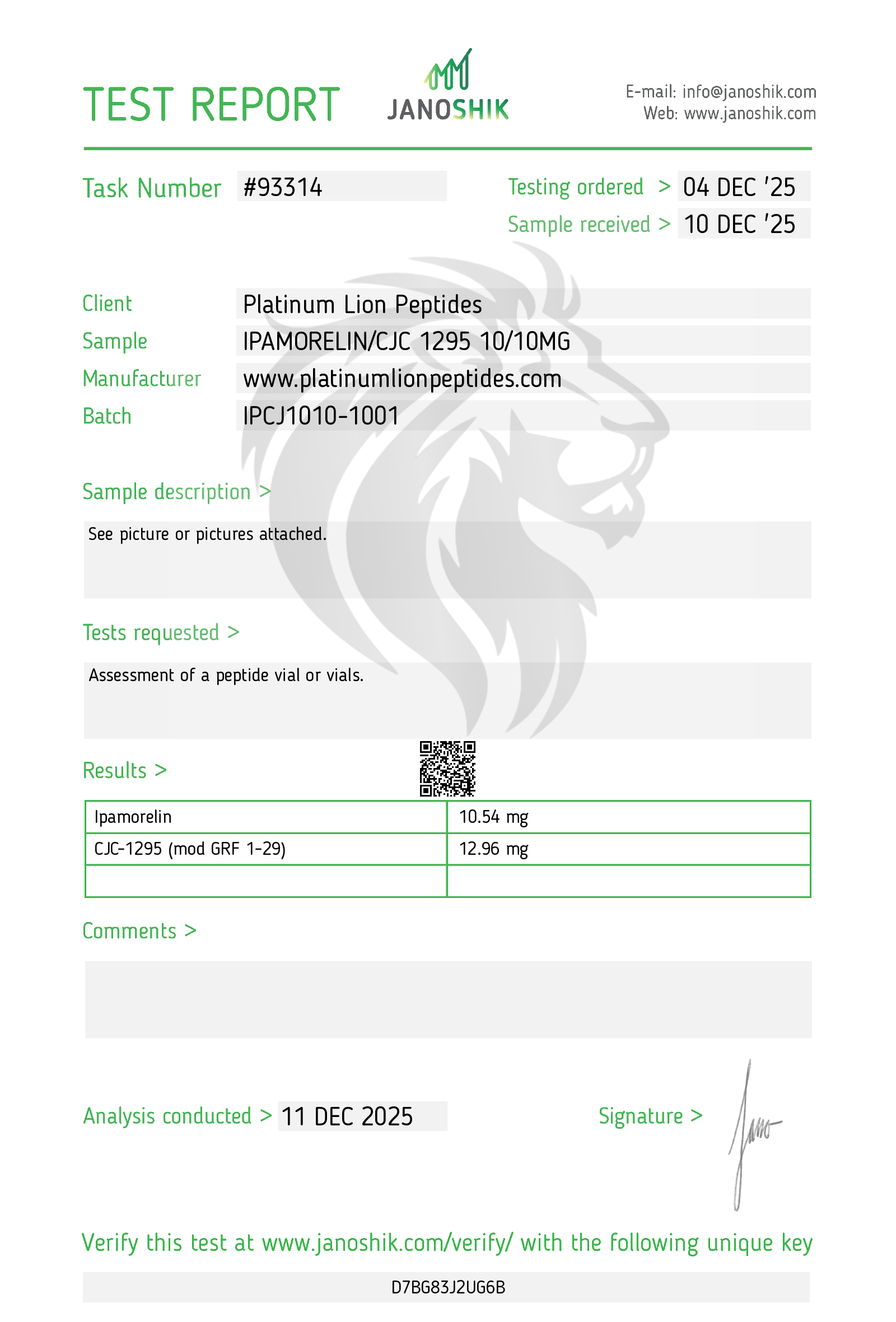 Ipamorelin/CJC-1295 (No DAC) (10/10mg) Certificate of Analysis from Platinum Lion