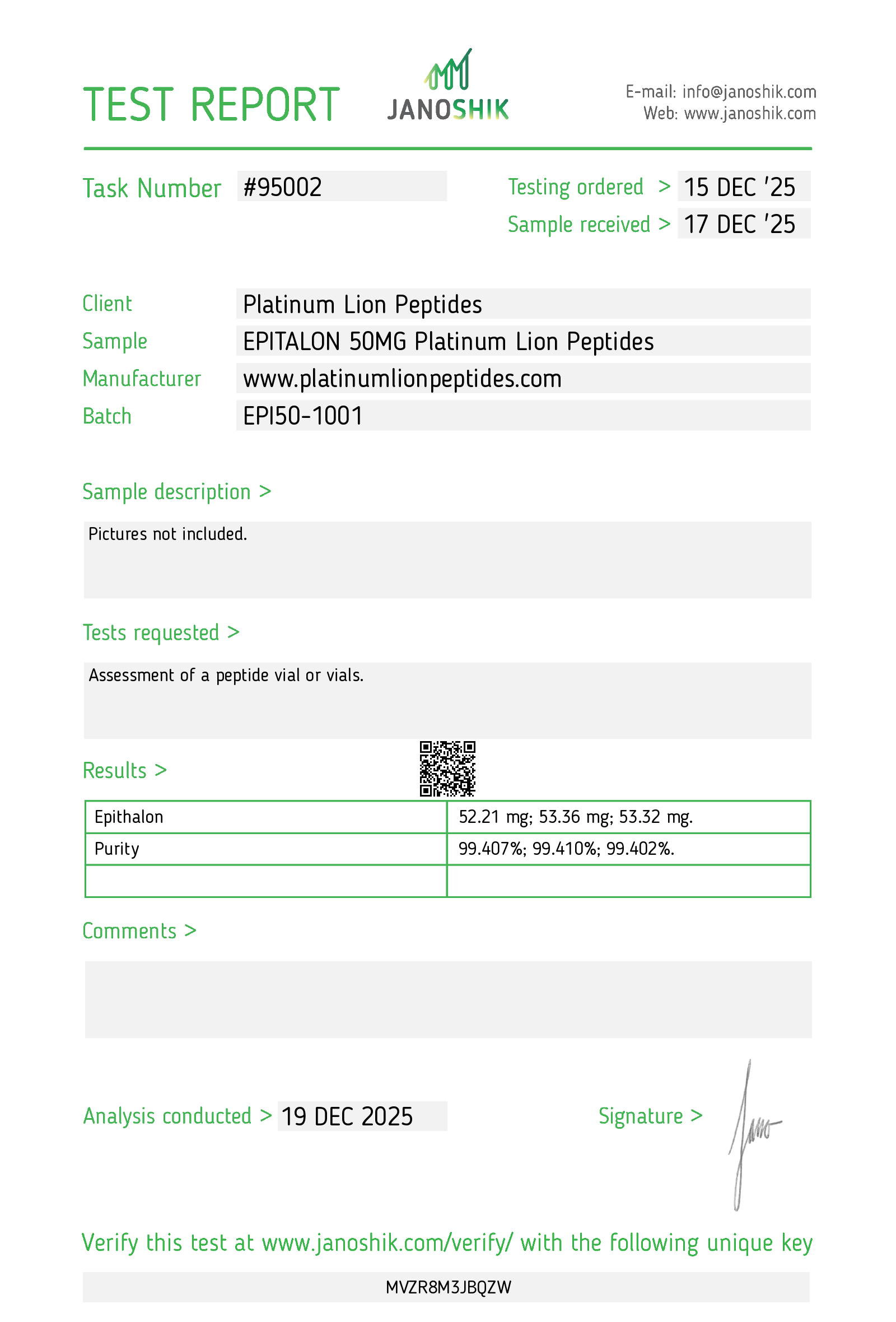 Epithalon (50mg) Certificate of Analysis from Platinum Lion