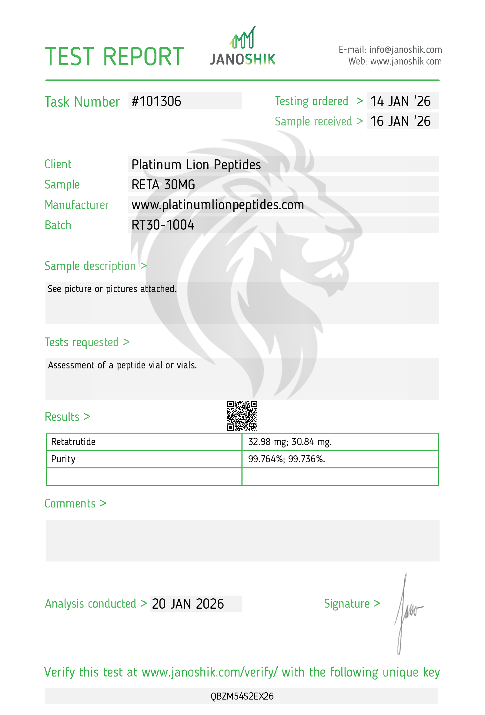 GLP-3R (30mg) Certificate of Analysis from Platinum Lion