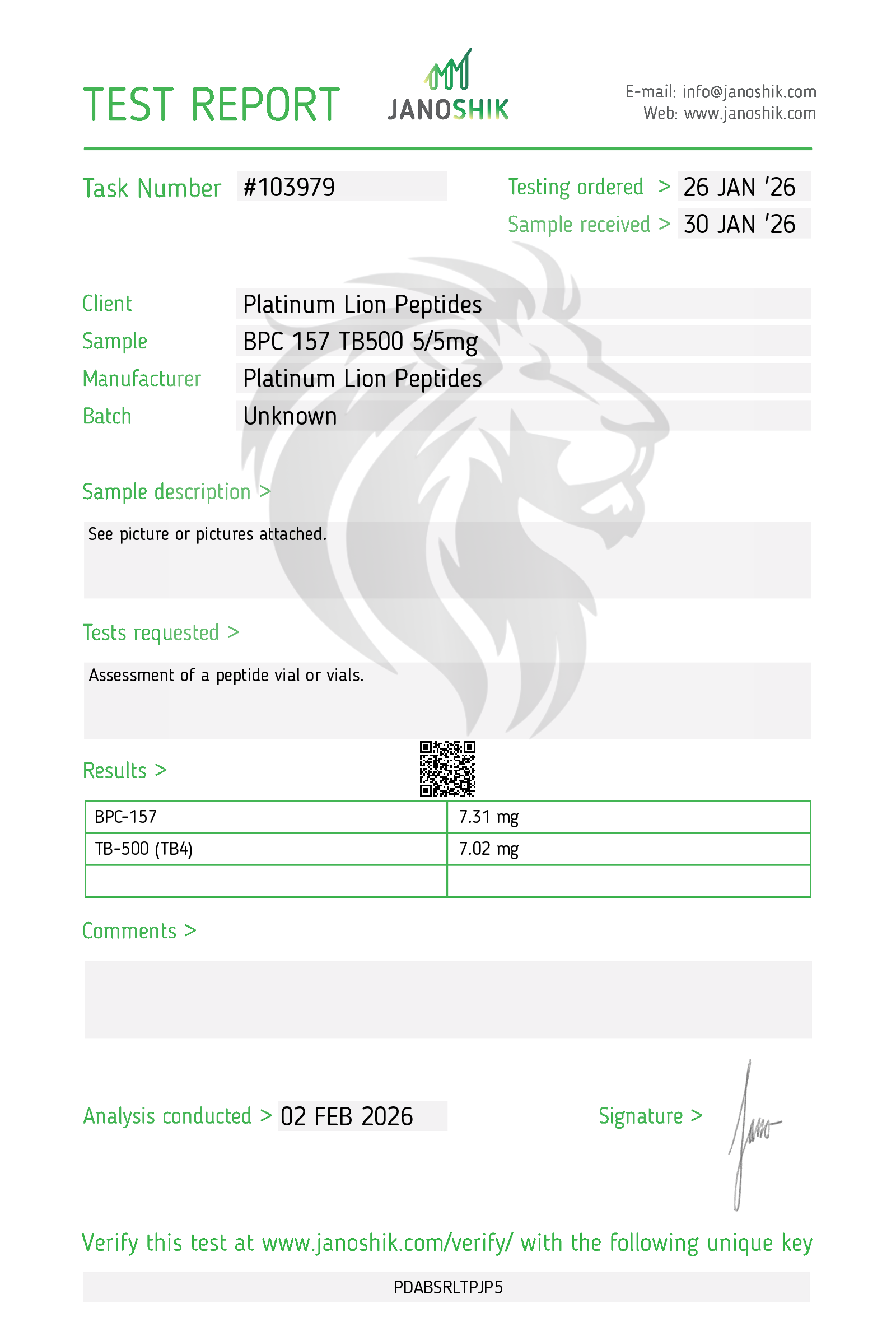 BPC-157/TB-500 (5/5mg) Certificate of Analysis from Platinum Lion